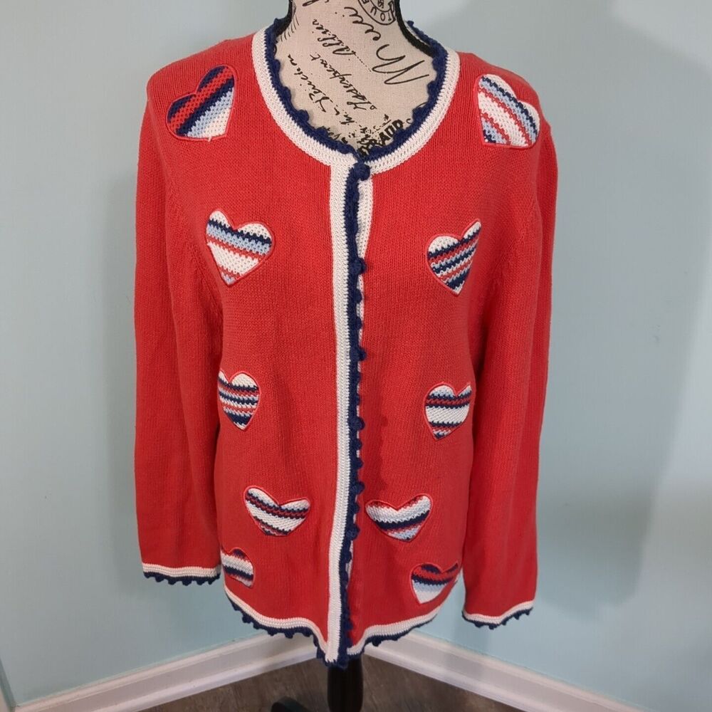 Vintage Sag Harbor Sport Red Heart Usa Appliqué Cardigan large Americana f